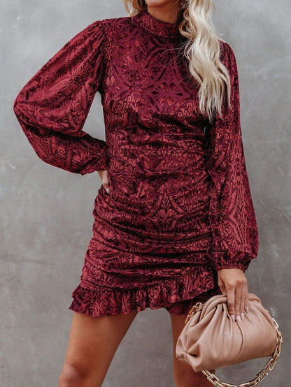 Women's Dresses Velvet Burnt Flower Ruffled Irregular Long Sleeve Dress