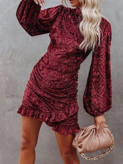 Women's Dresses Velvet Burnt Flower Ruffled Irregular Long Sleeve Dress