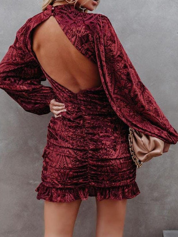 Women's Dresses Velvet Burnt Flower Ruffled Irregular Long Sleeve Dress