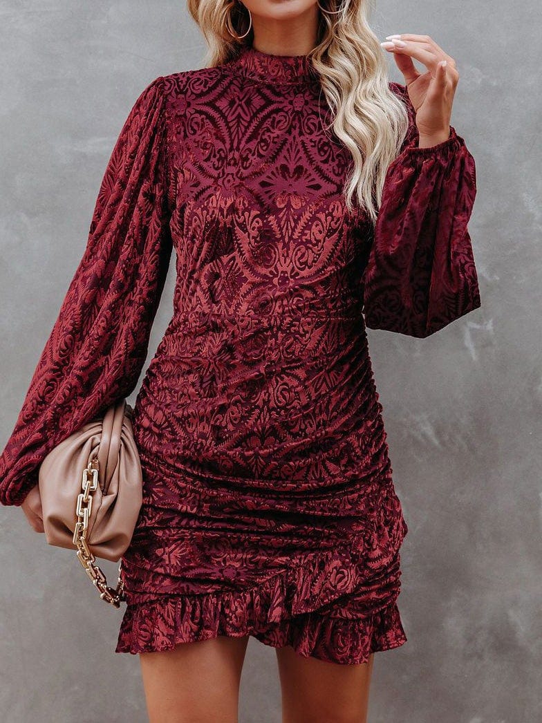 Women's Dresses Velvet Burnt Flower Ruffled Irregular Long Sleeve Dress