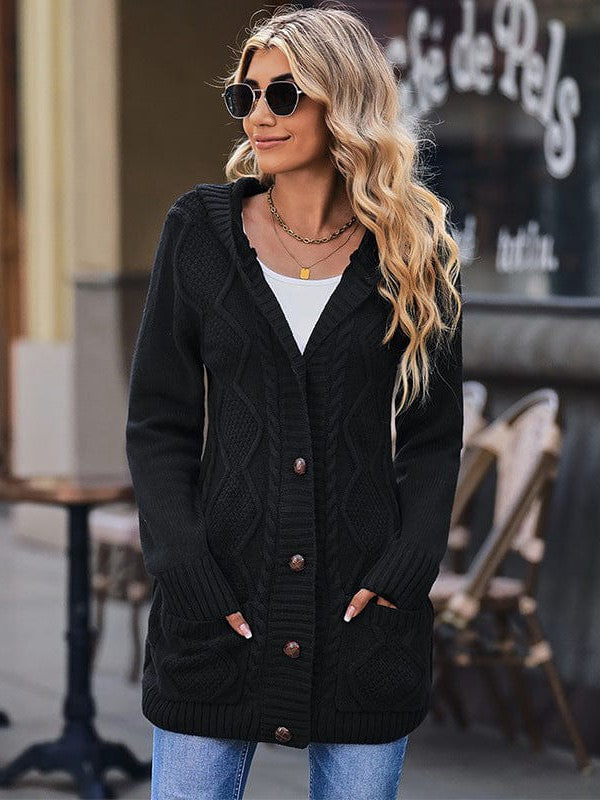 Women's Elegant Hooded Cardigan Jacket in Solid Colors with Twist Design - Long Sleeve Fashion Apparel for Trendy Street Style