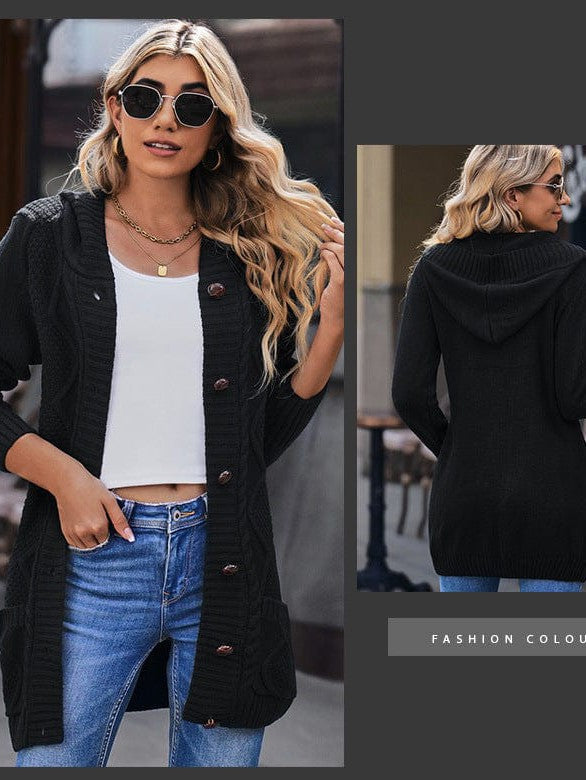 Women's Elegant Hooded Cardigan Jacket in Solid Colors with Twist Design - Long Sleeve Fashion Apparel for Trendy Street Style