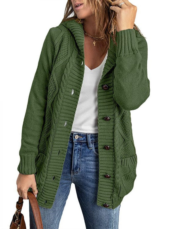 Women's Elegant Hooded Cardigan Jacket in Solid Colors with Twist Design - Long Sleeve Fashion Apparel for Trendy Street Style