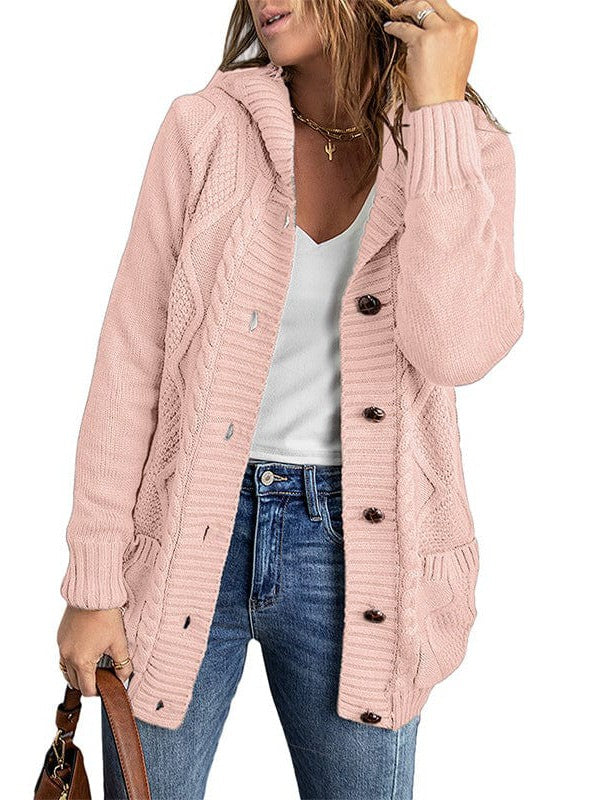 Women's Elegant Hooded Cardigan Jacket in Solid Colors with Twist Design - Long Sleeve Fashion Apparel for Trendy Street Style