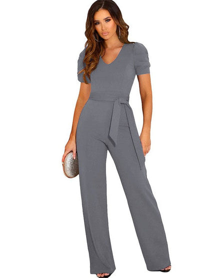 Women's Elegant V-Neck Lace-Up Puff Sleeve Jumpsuit with Wide-Leg Style