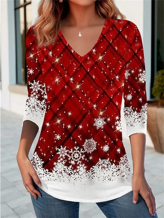 Women's Festive Christmas Plaid Snowflake Print Long Sleeve T-Shirt
