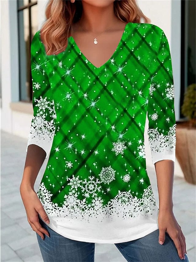 Women's Festive Christmas Plaid Snowflake Print Long Sleeve T-Shirt