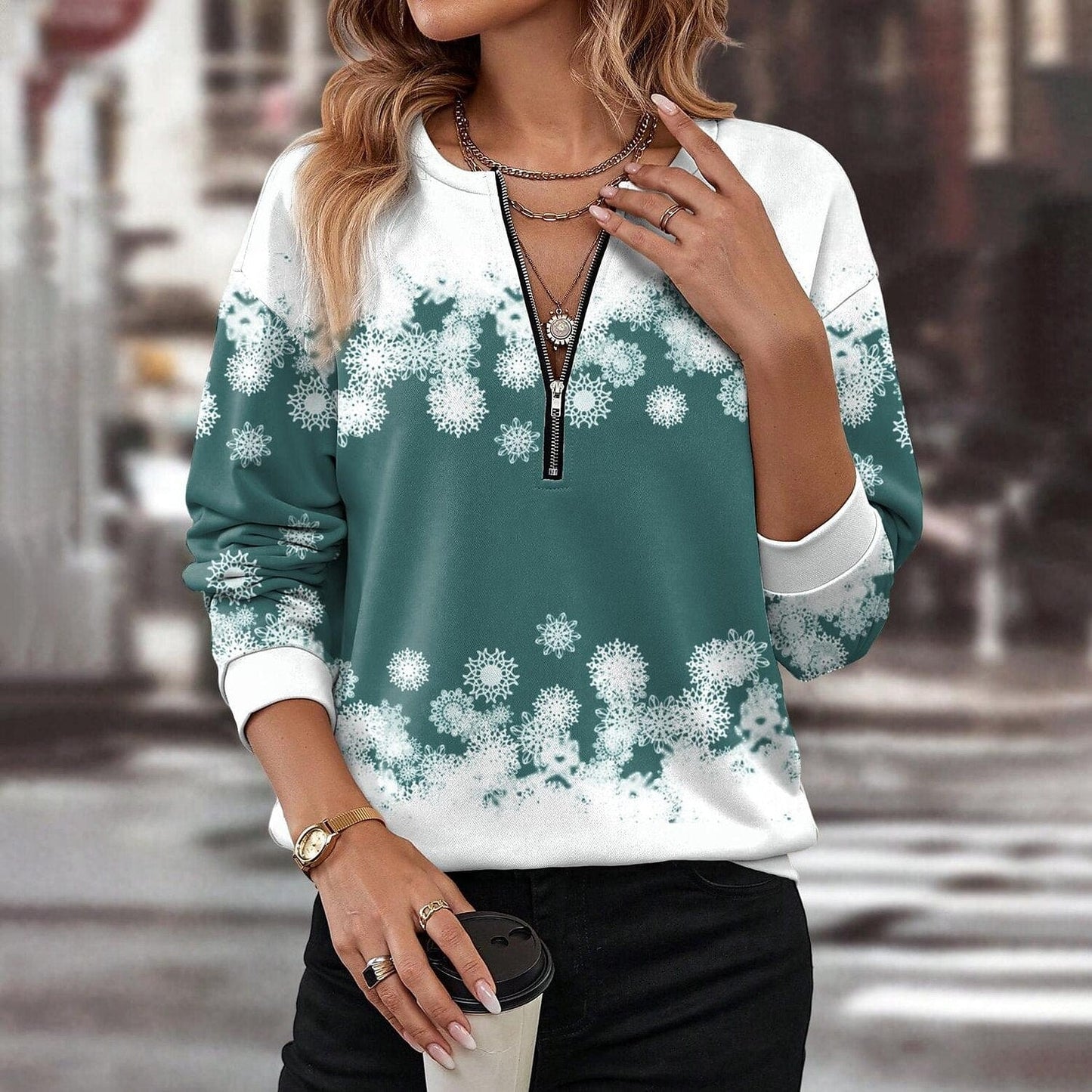 Women's Festive Snowflake Design Quarter Zip Sweatshirt