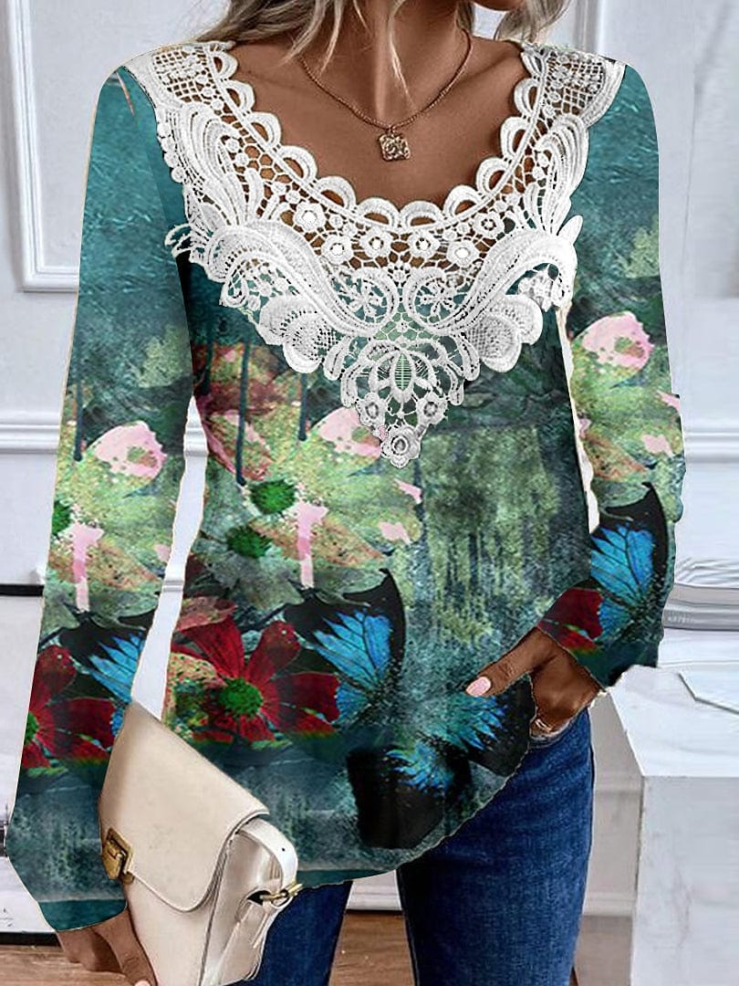 Women's Floral Print Lace Patchwork Long Sleeve Blouse