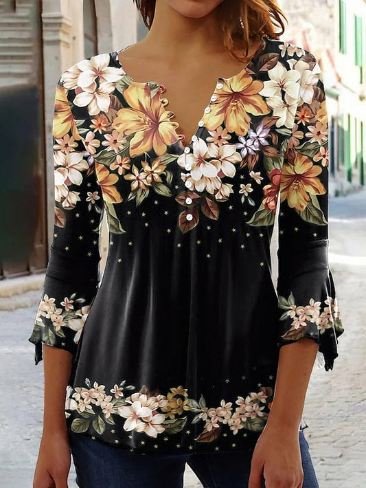 Women's Floral Print Shirt Blouse with 3/4 Length Sleeves