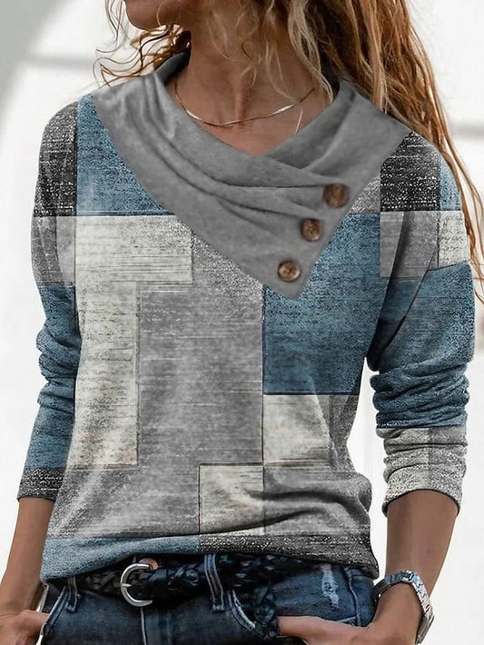 Women's Geometric Abstract Print Long Sleeve T-Shirt with Button Pile Neck