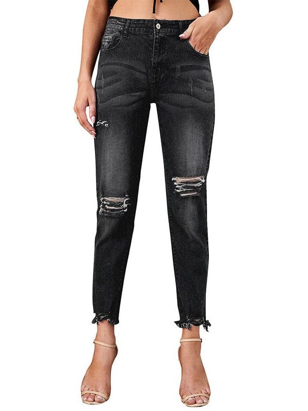 Women's High Waist Ripped Denim Nine-Point Jeans with Raw Edge