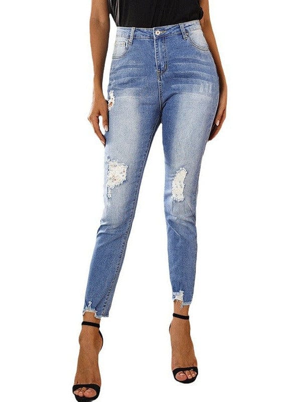 Women's High Waist Ripped Denim Nine-Point Jeans with Raw Edge