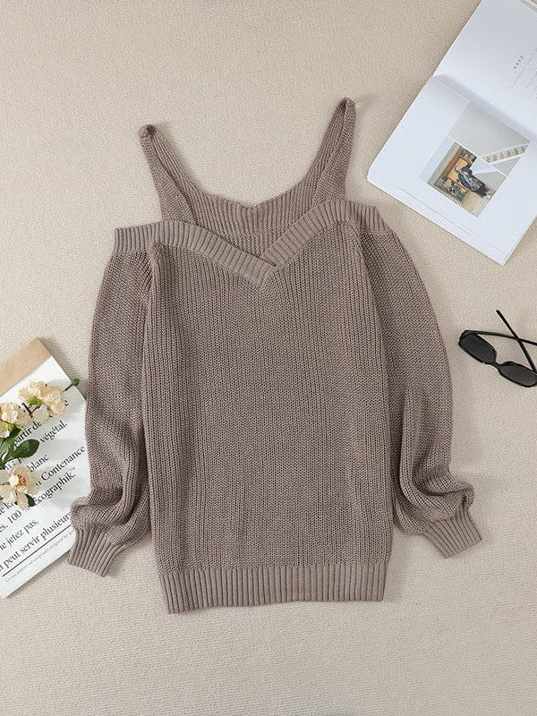 Women's Khaki Off-Shoulder Long-Sleeved Sweater