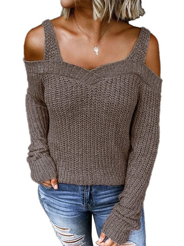 Women's Khaki Off-Shoulder Long-Sleeved Sweater