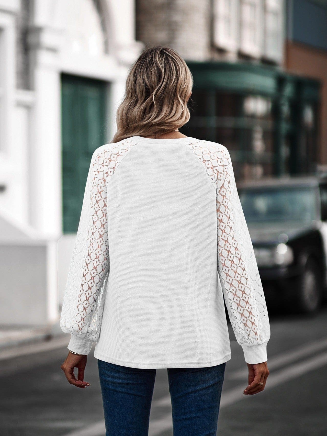 Women's lace bubble sleeve V-neck long-sleeved top