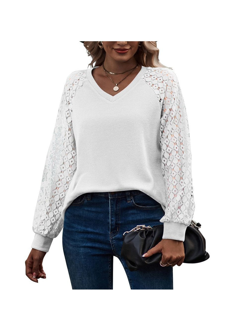Women's lace bubble sleeve V-neck long-sleeved top