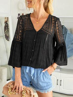 Women's Lace Hollow Short-Sleeved Chiffon Shirt Top with Simple Style