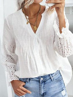 Women's Lace Hollow Short-Sleeved Chiffon Shirt Top with Simple Style