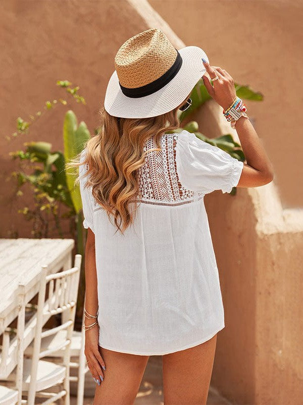 Women's Lace Hollow Short-Sleeved Chiffon Shirt Top with Simple Style