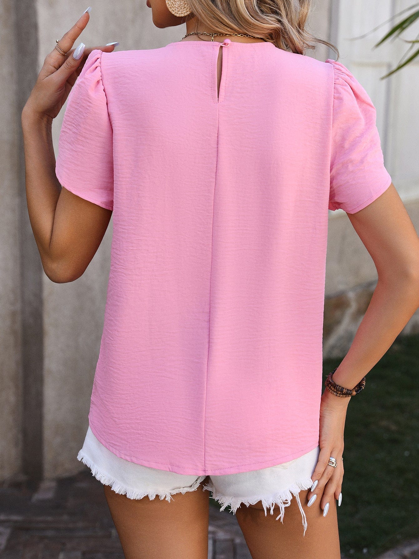 Women's leisure V-neck chiffon shirt floral puff sleeve temperament top