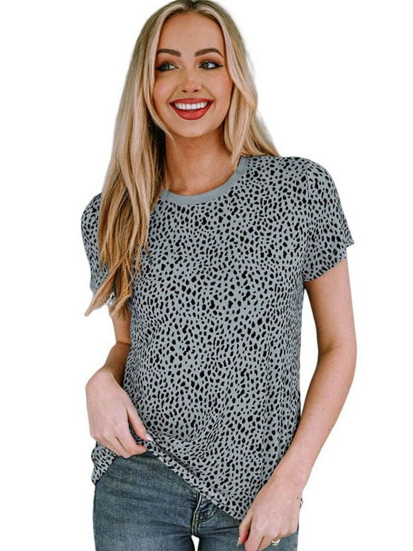 Women's Loose Fit Polka Dot Print Polyester Spandex Pullover Top with Short Sleeves