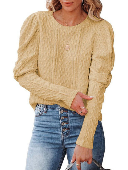 Women's Loose Fit Pullover Sweater with Round Neck and Balloon Sleeves