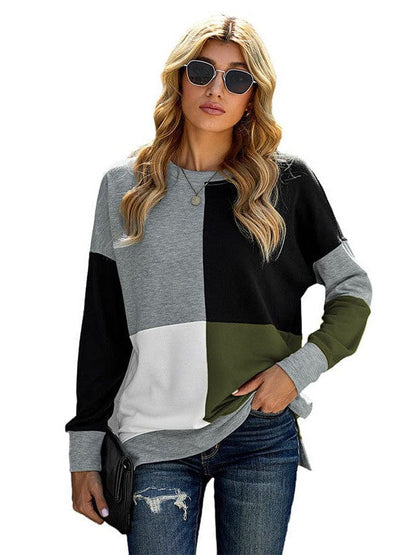 Women's Loose Fit Round Neck Sweatshirt with Contrast Color Detail - Long Sleeve Top