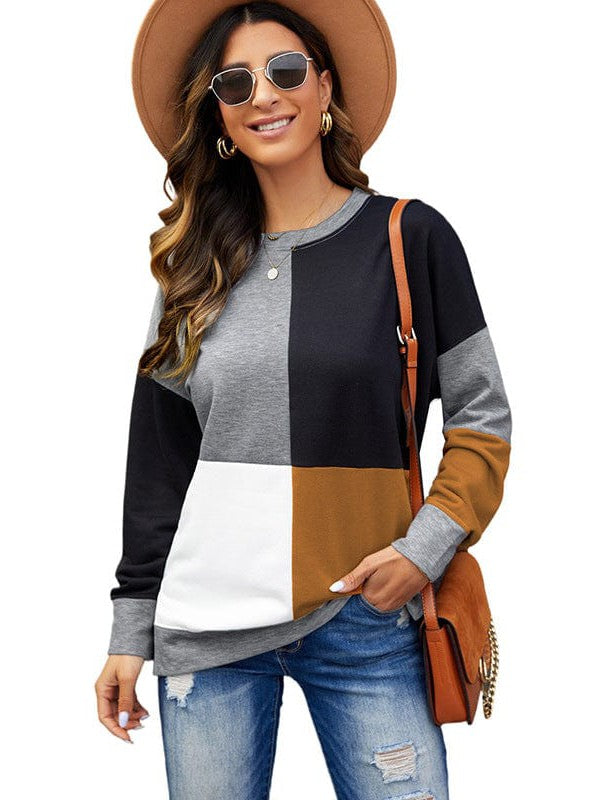 Women's Loose Fit Round Neck Sweatshirt with Contrast Color Detail - Long Sleeve Top