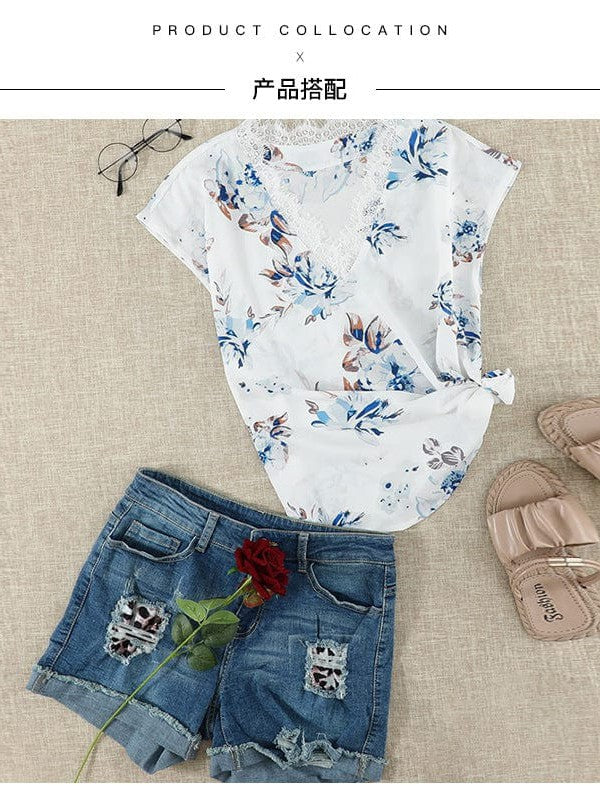 Women's Loose Fit V-Neck Lace Top with Plant Flower Print and Chiffon Sleeves