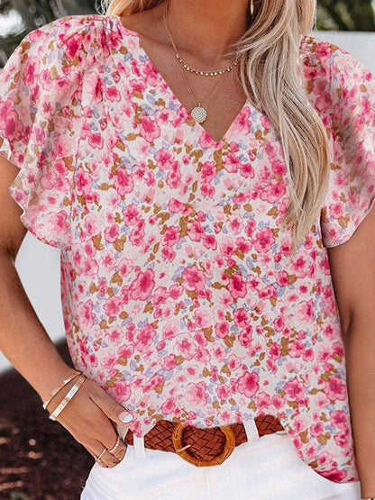 Women's Loose Floral Chiffon Pullover Shirt with Short Sleeves and Casual Style