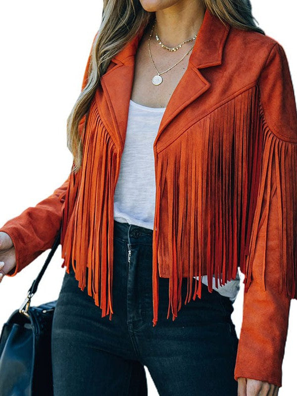 Women's Loose Suede Jacket with Tassel Lapel and Bat Sleeves