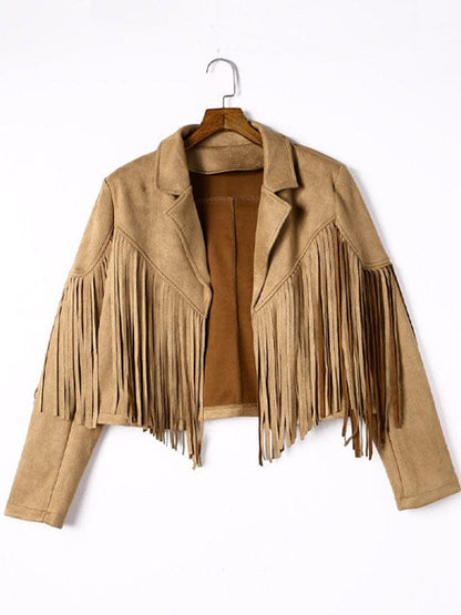 Women's Loose Suede Jacket with Tassel Lapel and Bat Sleeves