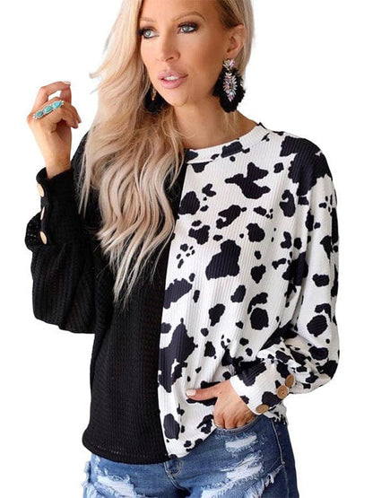 Women's Loose Waffle Knit Cow Print Top with Long Sleeves