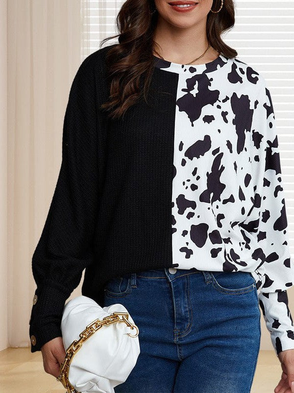 Women's Loose Waffle Knit Cow Print Top with Long Sleeves