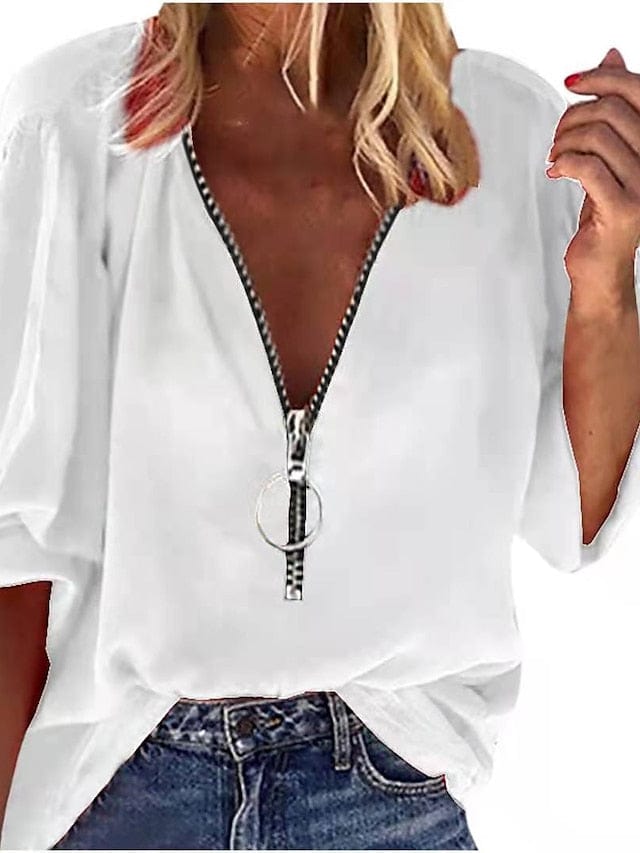 Women's Marron Black White Plain Zipper 3/4 Length Sleeve Casual V Neck Shirt Blouse Regular S