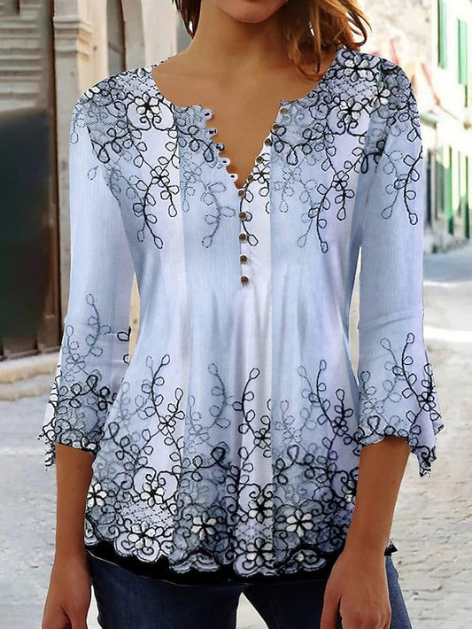 Women's Pink, Blue, and Purple Floral Print Button-Up Blouse with 3/4 Length Sleeves