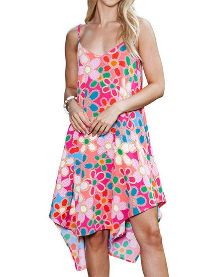 Women's Pink Floral Print Irregular Suspender Dress