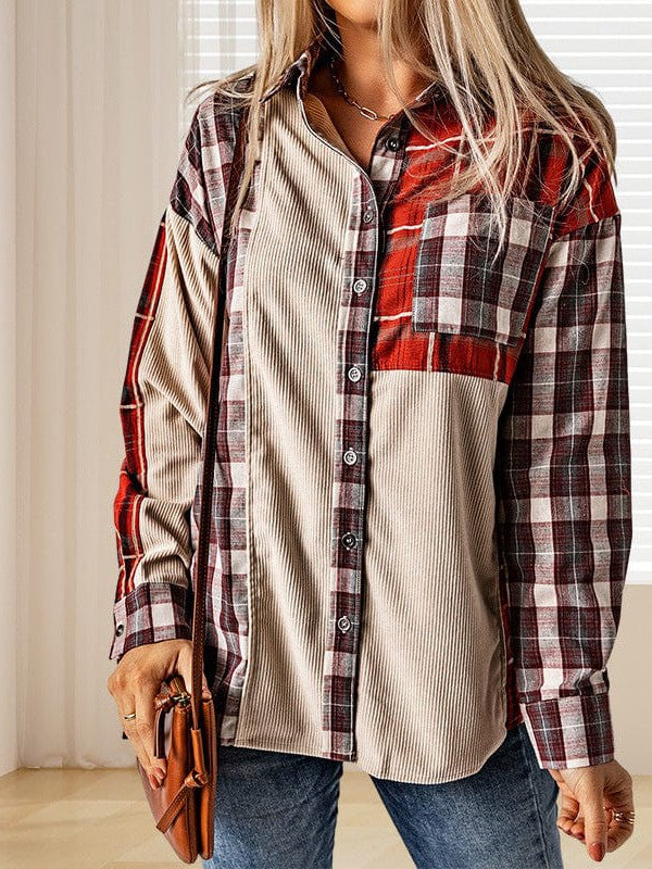 Women's Plaid Corduroy Shirt Jacket with Long Sleeves