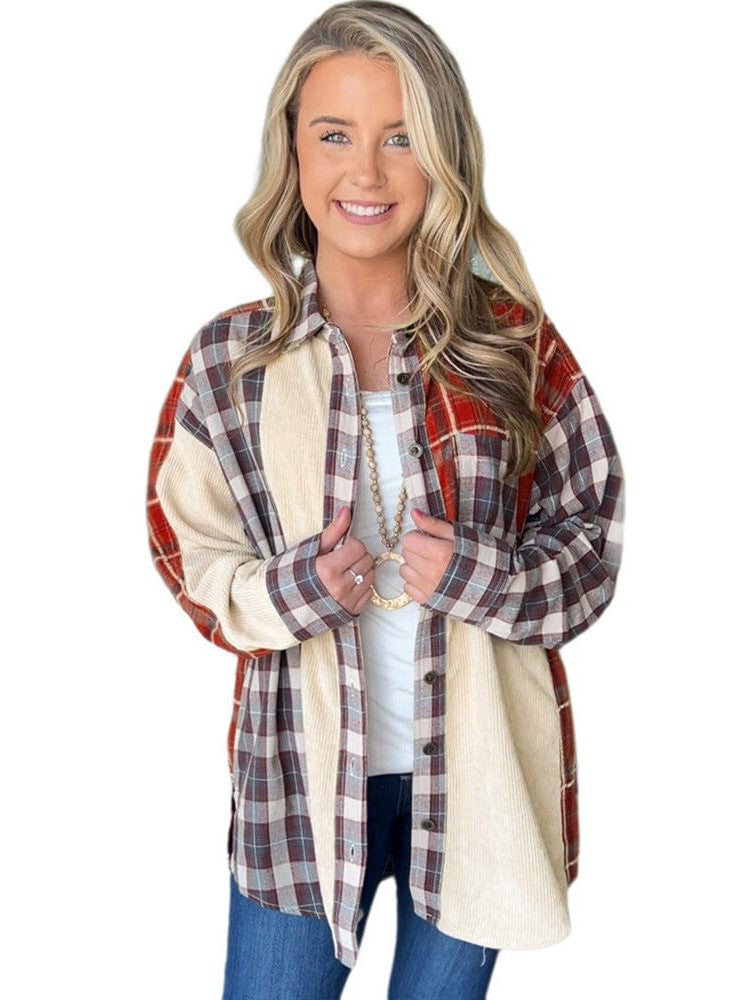 Women's Plaid Corduroy Shirt Jacket with Long Sleeves