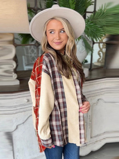 Women's Plaid Corduroy Shirt Jacket with Long Sleeves