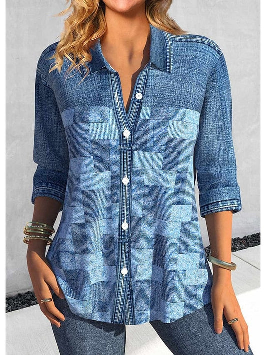 Women's Plaid Print Button-Up Shirt Blouse in Yellow, Blue, and Purple