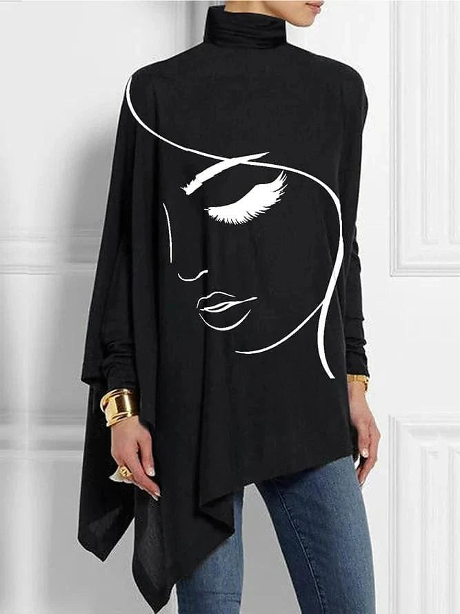 Women's Plus Size Silver Black White Print Asymmetric Long Sleeve Turtleneck Blouse
