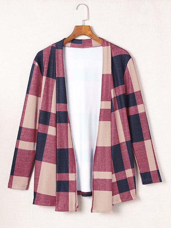 Women's Red Plaid A-Line Cardigan with Long Sleeves