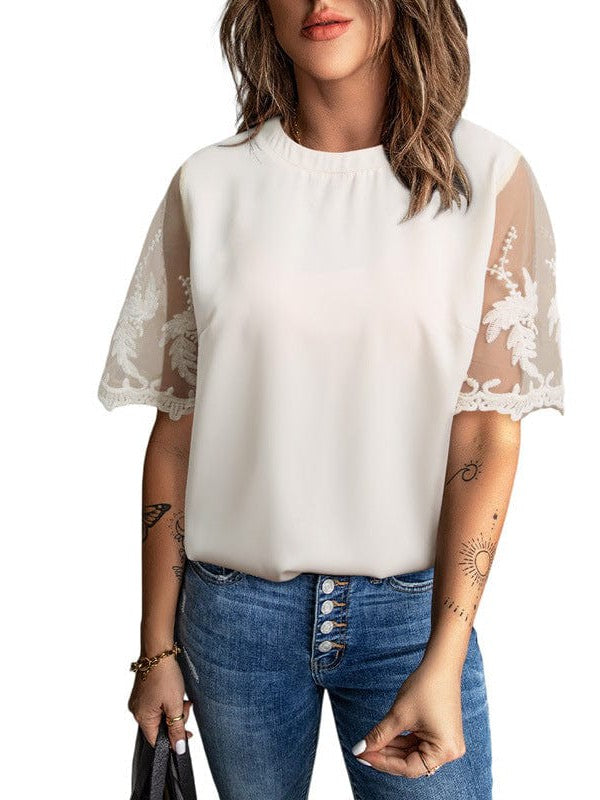 Women's Round Neck See-Through Lace Chiffon Top with Short Sleeves and Splicing