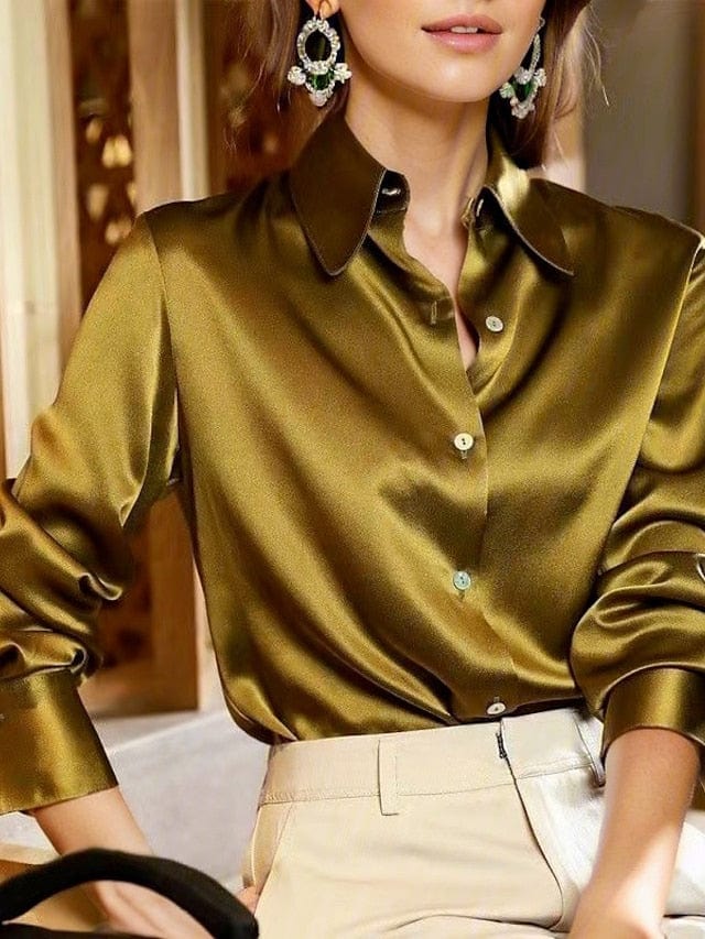 Women's Satin Plain Shirt Blouse with V-Neck and Long Sleeve