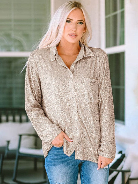 Women's Sequined Button Cardigan Top with Thin Pocket Shirt - Stylish and Personalized