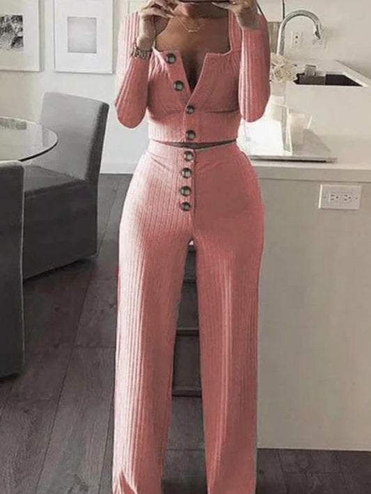 Women's Sets Long Sleeve Cardigan Slim Buttoned Casual Two-Piece Suit