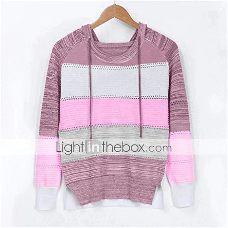 Women's Soft Knit Color Block Pullover Sweater Jumper with Hood