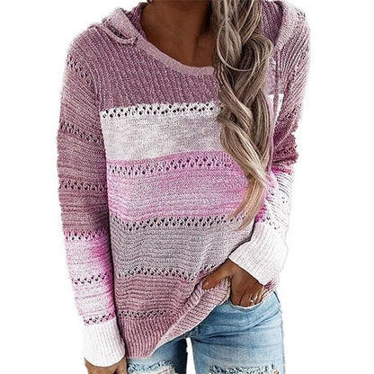 Women's Soft Knit Color Block Pullover Sweater Jumper with Hood